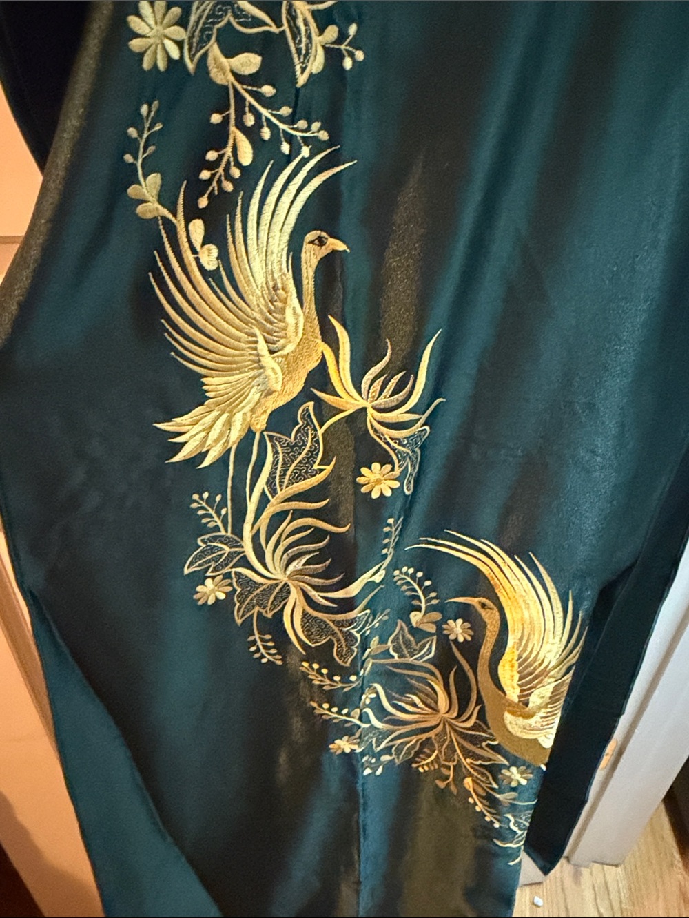 Ao dai-Emerald Green Satin Dress with Gold Embroidered Phoenix-2XL - Picture 4 of 6